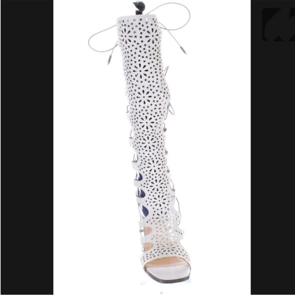 New 2 LIPS Too CHUNKY HEEL LACE UP BOOT SANDALS OPEN TOE KNEE HIGH BOOTS 7 Grey